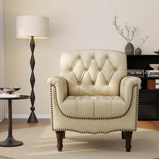 UIXE Faux Leather Accent Chair, Upholstered Armchair for Living Room, Retro Button Tufted Club Arm Chair Single Sofa Bedroom Side Reading Seating with Solid Wood Legs - Beige