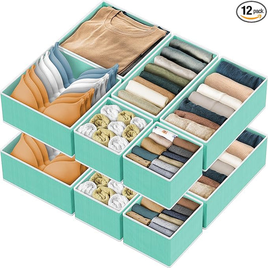 SIMPLE HOUSEWARE Foldable Drawer Organizer for Clothes/Underwear/Panty/Onesie Stocking Bin, Set of 12, Turquoise