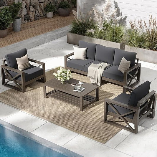 UDPATIO Aluminum Patio Furniture Set, 4 Piece Faux Wood Outdoor Patio Sets with Coffee Table, Metal Patio Furniture Set Modern Outdoor Sectional for Deck Porch Patio, Dark Grey