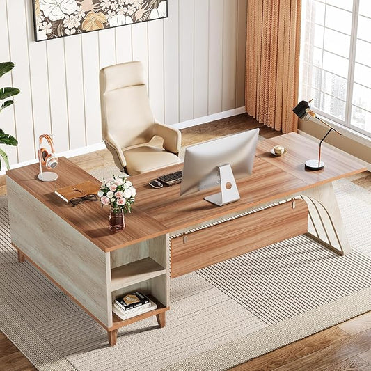 Tribesigns 78" Large L-Shaped Executive Desk, Modern Office Desk with Lateral File Cabinet and Drawer, Home Business Computer Workstation Set with Storage Shelves, Walnut & Oak