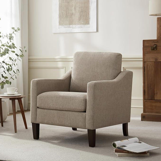 VKNOW Mid Century Modern Accent Chair, Upholstered Living Room Chairs Armchair for Bedroom, Comfy Reading Accent Chairs with Wood Legs for Living Room, Brown