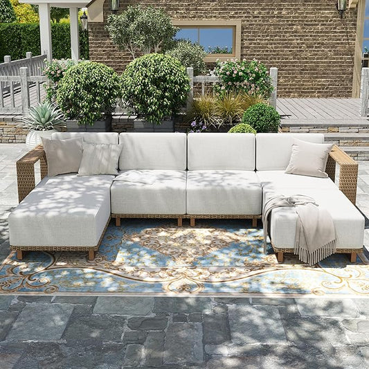 HERA'S HOUSE 6 Pieces Patio Furniture Set, 4 Sectional Outdoor Rattan Wicker Sofa with 2 Ottomans, All Weather Patio Conversation Set with 5.3" Widened Armrest, 10" Ultra Thick Comfy Cushion for Deck