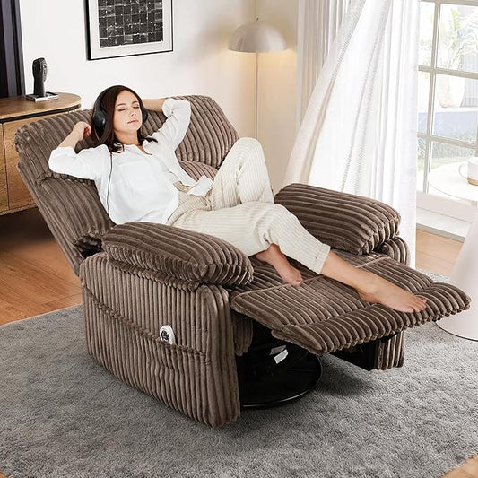 GRAINELL Swivel Rocker Recliner Chair with Massage and Heat, USB Charging Port, Infinite Position Power Recliner, Electric Glider Rocking Chairs for Living Room, Nursery (Brown)