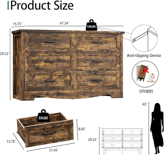 Dresser for Bedroom with 6 Drawers, 48" Wide Wood Chest of Drawers with Deep Drawers & Mental Handle, Wooden Dresser TV Stand, Modern Closet Storage Organizer for Living Room, Hallway, Entryway, Brown