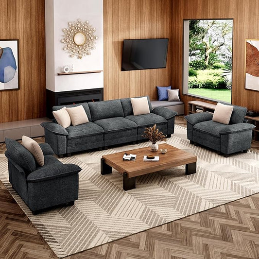 Cloud Couch Sectional Sofa Set, Plush 24.4-Inch Deep 5-Seat Sectional with Velvety Chenille & Removable Arms for Living Room and Apartment, Cyan