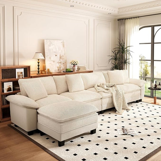 PHI VILLA Cloud Modular Couch Sets, 157.5" Sectional Sofa with L-Shaped Chaise Ottoman, 5-Seater Couches with Upholstered Deep Seat for Living Room Chenille Corduroy Dual Fabric, Beige