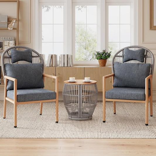 Modern Living Room Chairs, Accent Chairs Set of 2 with Coffee Table, Comfy Arm Chair with Cushions/Headrest, Reading Lounge Chair, Rattan Recliner Seating, Braid Armchair for Bedroom, Grey