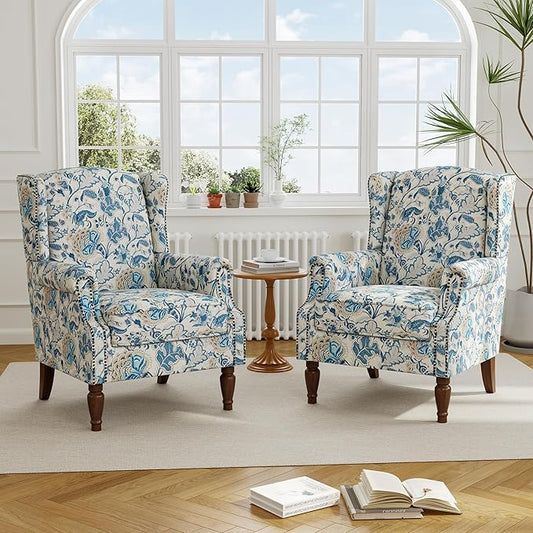Accent Chair, Upholstered High Back Floral Armchair with Nailhead Trim & Wood Legs, Comfy Wingback Reading Single Sofa Chair for Small Spaces, Living Room, Bedroom ( Boho Blue Floral, Set of 2)