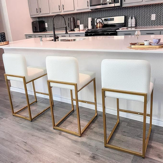ALPHA HOME 24 Inch Bar Stools Set of 3, Kitchen Counter Stools with Backs, PU Leather Barstools, White Bar Stools with Upholstered Footrest, Sturdy Chromed Metal Steel Frame, Off-White