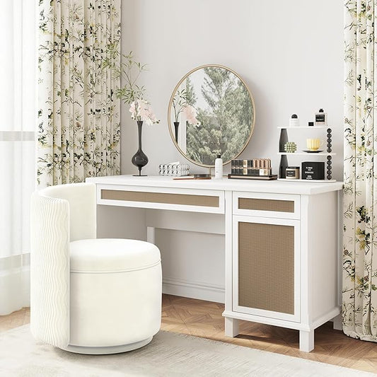 360° Swivel Accent Chair with Storage, Vanity Stool with Back, Velvet Storage Ottoman, Upholstered Round Barrel Vanity Chair for Living Room, Makeup Room, Bedroom (White High-Back)