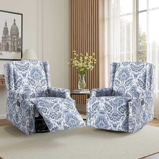 Pia Ricco Swivel Glider Recliner Chairs Set of 2, High Back Rocker Reclining Accent Chair with Smooth Manual Mechanism for Nursery, Comfortable & Quiet Upholstered Armchair Seating-Bule Pattern