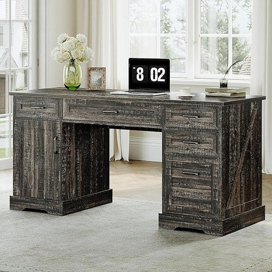 Casaottima 59 Inch Wood Farmhouse Office Desk with Drawers, Executive Computer Desk with File Cabinet & Charging Station for Home Office, Oak