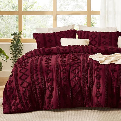 Bedsure Tufted Boho Comforter Set Twin Size - Dark Red Boho Bed Set, GentleSoft™ 2 Pieces Farmhouse Shabby Chic Embroidery Bedding, Gifts for Woman, Soft Jacquard Twin Comforter for All Seasons