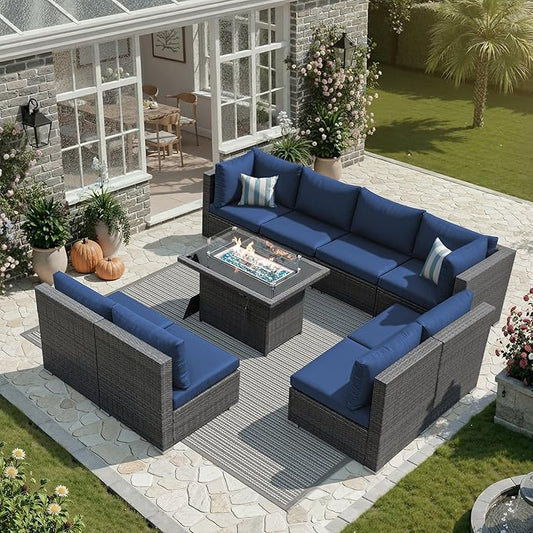 NICESOUL Extra Large 9 Pcs Outdoor Patio Furniture Set with Fireplace Natural Gas/Propane, 29.3'' High Back Modular Sectional Sofas, Modern Conversations for Outside, 2 Color Cushion Royal Blue &Grey