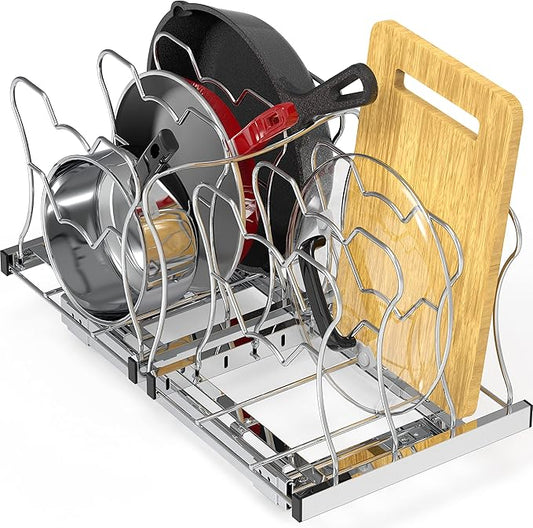 SIMPLE HOUSEWARE Organizer Pull Out Under Cabinet Sliding Shelf for Kitchen,Bathroom, Pantry Pan and Pot Lid, Silver