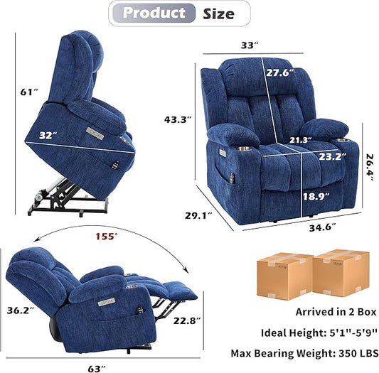 Power Lift Chair for Elderly, Electric Recliner Chair with 8-Point Vibration Massage and Lumbar Heating with Charging Ports, Cup Holders, Standing Assistance Reclining - Bright Blue
