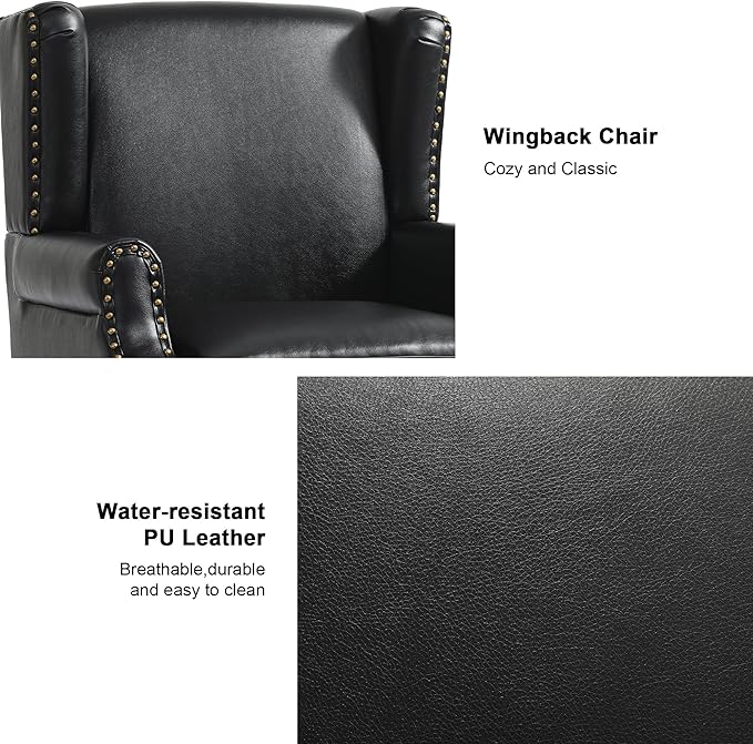 Accent Chair, Upholstered High Back Armchair with Nailhead Trim & Wood Legs, Comfy Wingback Reading Single Sofa Chair for Small Spaces, Living Room, Bedroom (Leather Black, Set of 1)