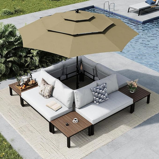 MFSTUDIO 8 Pieces Patio Furniture Set with 10ft 3 Tier Auto-tilt Umbrella,Outdoor Metal Frame Patio Sectional Sofa Conversation Set with 4 Coffee Tables&Removable Cushion for Backyard,Garden,Poolside