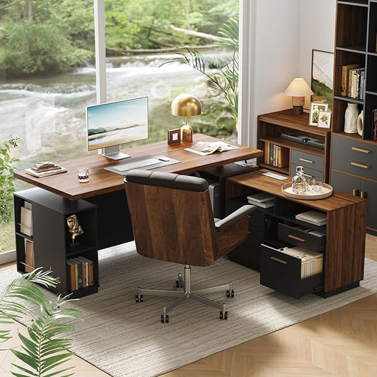 71" Standing Desk with 2 File Cabinet, AC/USB, 1.18" Desktop, L Shaped Height Adjustable Desk, Electric Furniture Set with Multiple Functions for Home and Office, Black Walnut