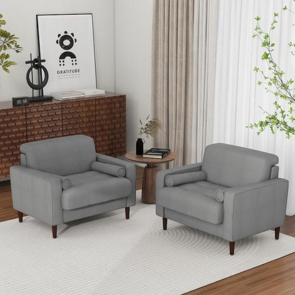 Oversized Accent Chair Set of 2, Corduroy Fabric Mid Century Modern Armchair with Large Seat for Living Room Bedroom Reading