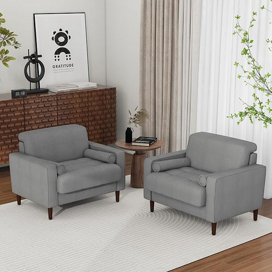 Oversized Accent Chair Set of 2, Corduroy Fabric Mid Century Modern Armchair with Large Seat for Living Room Bedroom Reading
