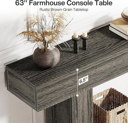 Tribesigns 63" Console Table, Farmhouse 2-Tier Entryway Table with U-Shaped Base, Narrow Long Wood Sofa Table Behind Couch Table for Living Room, Hallway, Foyer, Dark Gray