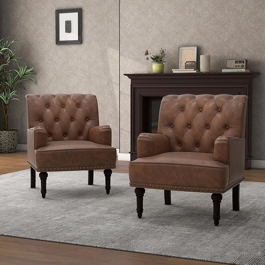 Pia Ricco PU Leather Accent Chairs 2 Pack - Modern Armchairs with Wooden Legs, Office Living Room Bedroom Seating Set-Brown