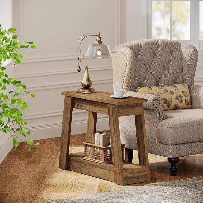 Tribesigns Wood End Table, Small Side Table with 2 Storage Shelves, Rustic Accent Narrow Nightstand for Living Room, Bedroom (1)