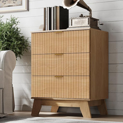 Fluted 3 Drawer Dresser, 30.3" Tall Compact Modern Boho Chest of Drawers, Wooden Storage Cabinet for Bedroom, Living Room, Entryway, Curved Profile Design
