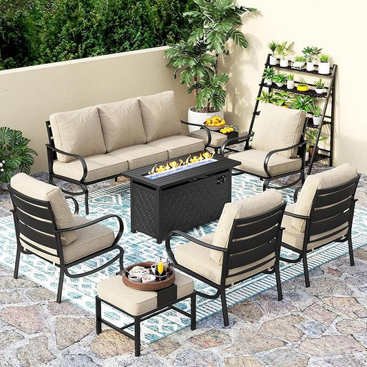 PHI VILLA 8 PCS Patio Furniture Set with 1 x 45 FirePit Table, 1 x 72 Sofa Bench, 4 x Armrest Sofa Chairs and 2 x Metal Cushioned Ottoman