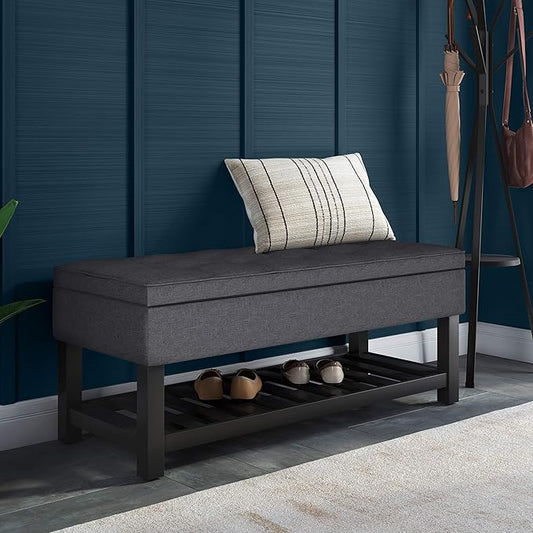 SIMPLIHOME Cosmopolitan 44 inch Wide Transitional Rectangle Storage Ottoman Bench with Open Bottom in Slate Grey Linen Look Fabric, Assembled for the Living Room and Bedroom
