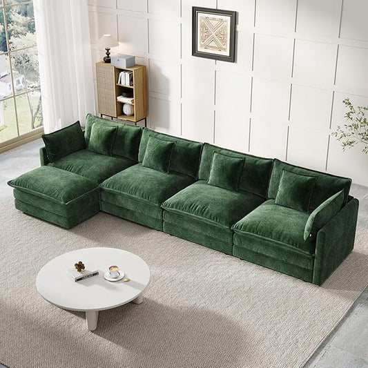 Modular Sectional Sofa, 146.5 Inch L-Shaped Cloud Sofa with Deep Seat Chenille Sofa with Cushions, Four Seater Sectional Sofa for Living Room Apartment,Evergreen