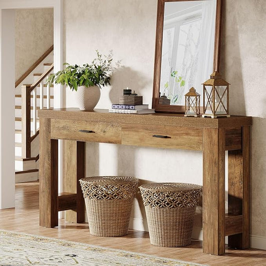 Tribesigns 63" Console Table with 2 Drawers, Farmhouse Entryway Table with H-Shaped Sturdy Legs for Hallway, Living Room, Brown