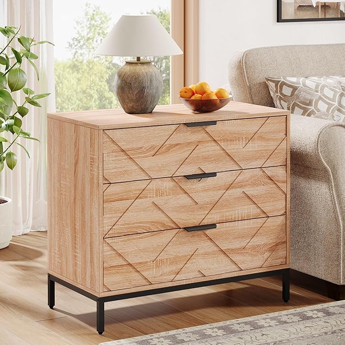 Tribesigns Wooden Nightstand with 3 Drawers, 31" Wide Night Stand with Metal Legs, Modern Large Bedside End Table for Bedroom, Living Room