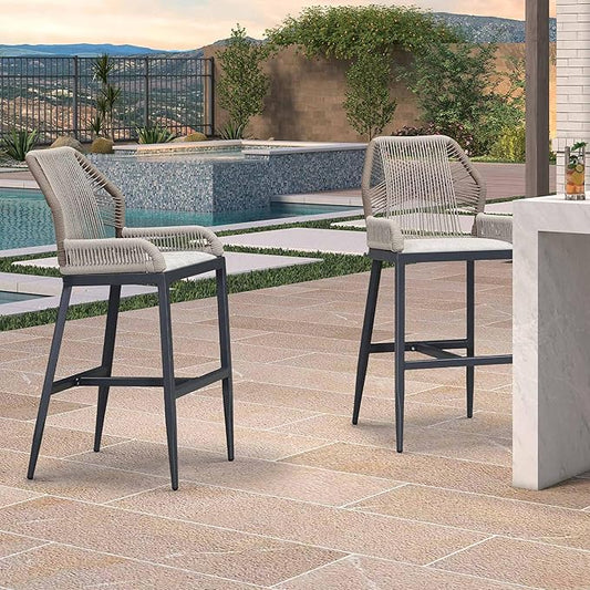 PURPLE LEAF 2 Pieces Bar Stools Patio Modern Rattan Barstools Aluminum Woven Tall Bar Chairs with Cushions for Outdoor Kitchen Island Garden