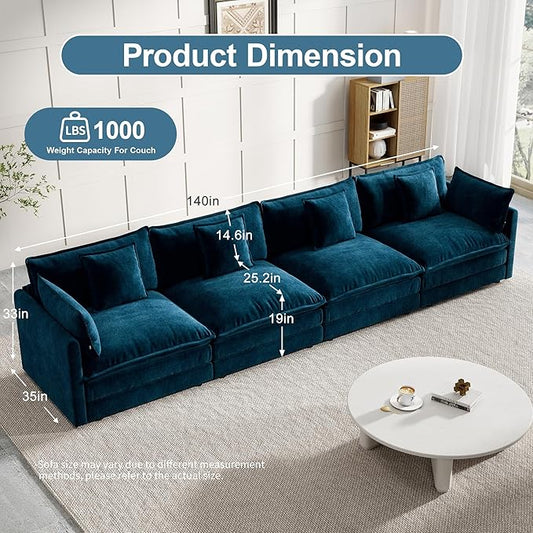 Modular Sectional Sofa, 146.5 Inch I-Shaped Cloud Sofa with Deep Seat Chenille Sofa with Cushions, Four Seater Sectional Sofa for Living Room Apartment,Blue