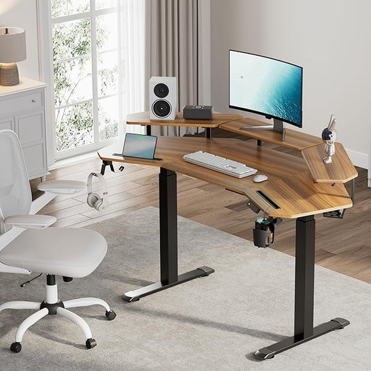 EUREKA ERGONOMIC Standing Gaming Desk with Dual Motor,63" Wing Shaped Computer Desk w Mouse Pad, Electric Adjustable Height Table w LED Monitor Stands,Slot Design,Walnut