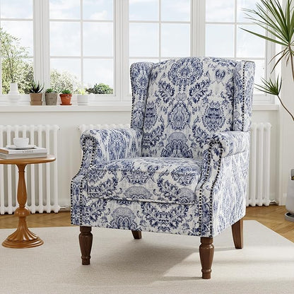 Accent Chair, Upholstered High Back Floral Armchair with Nailhead Trim & Wood Legs, Comfy Wingback Reading Single Sofa Chair for Small Spaces, Living Room, Bedroom ( Navy Blue Floral, Set of 1)