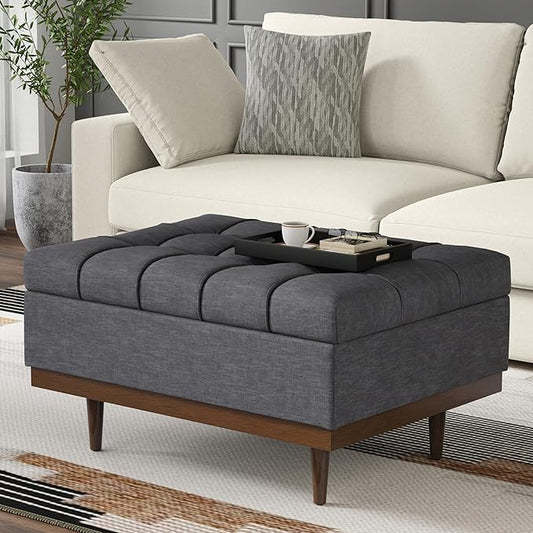 SIMPLIHOME Mariah 34 inch Wide Contemporary Rectangle Coffee Table Storage Ottoman in Slate Grey Polyester Linen, Assembled, For the Living Room, Entryway and Family Room