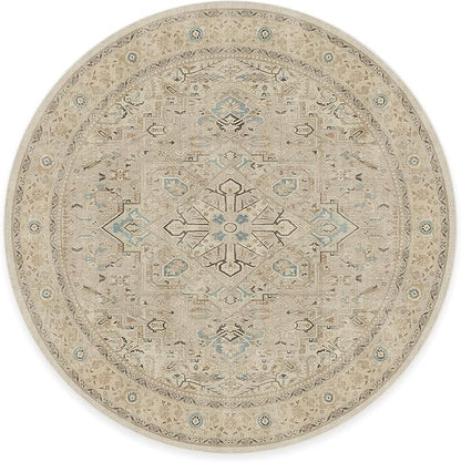 RUGGABLE Washable Vintage Area Rug – Kamran Ivory Opal 8 ft Round, Stain-Resistant, Non-Slip – Large Machine Washable Rugs for Living Room, Bedroom, Hallway, Entryway & Office–with Cushioned Pad