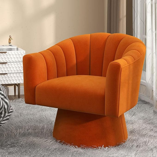 Swivel Accent Chair,Upholstered Velvet 360° Swivel Barrel Chair for Living Room Overstuffed Bouncle Reading Chair Round Armchair for Bedroom,Vanity,Office(Orange)