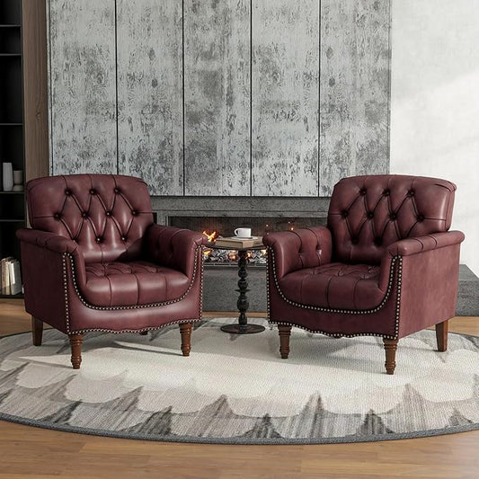 Lumibee Faux Leather Armchairs, Contemporary Accent Chairs Set of 2 with Nailhead Trims & Wood Legs for Living Room, Upholstered Comfy Arm Chairs for Office,Bedroom-Dark Red