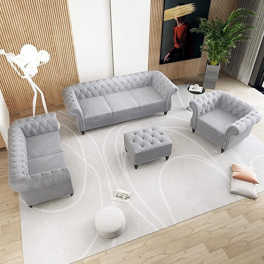Velvet Sofa Couches Set, 3-Piece Mid Century Modern Upholstered Couch with Cushions, Home Sofa Sectional Furniture Sets, Comfy Tufted Chesterfield Couches for Living Room, Bedroom, Office