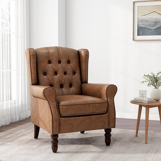 Accent Chair, Upholstered Armchair with Button Tufted High Back & Solid Wood Legs, Comfy Wingback Reading Single Sofa Chair for Small Spaces, Living Room, Bedroom-Leather Brown, Set of 1