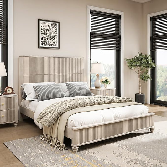 Queen Size Solid Wood Platform Bed Frame, Solid Wood Bed with 63.58" Headboard, Solid Wood Leg/No Box Spring Needed/Noise Free/Beige