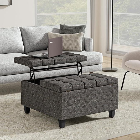 SIMPLIHOME Harrison 30 inch Wide Transitional Square Small Coffee Table Storage Ottoman in Ebony Tweed Polyester, Assembled, for The Living Room and Bedroom