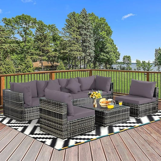 Tangkula 7 Pieces Patio Rattan Furniture Set, Patiojoy Outdoor Conversation Set with Cushions and Tempered Glass Coffee Table, All-Weather Sectional Sofa Set for Garden, Lawn, Backyard (Grey)