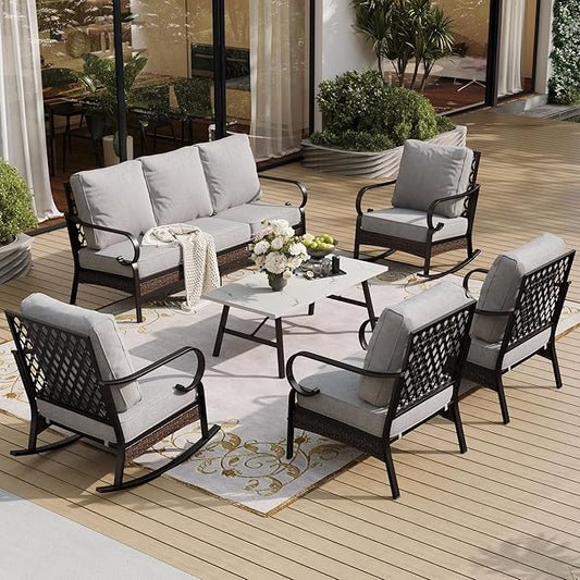 6 Piece Metal Outdoor Patio Furniture Set, Patio Conversation Set with 1 3-Seater and 2 Fixed Sofas, 2 Rocking Sofas with 5.75" Cushion & Coffee Table, Black and Light Gray