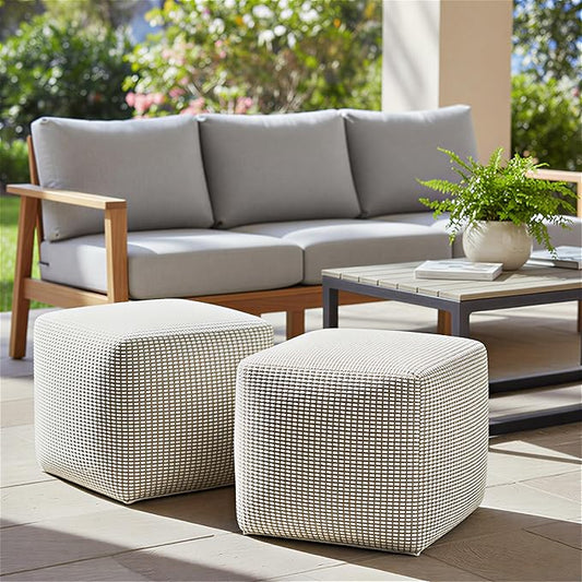 SIMPLIHOME Zelma Pouf - 18 inch Wide Upholstered Recycled PET Polyester Square Pouf Ottoman in Dune Beige, Boho Indoor/Outdoor Footstool for Patio or Living Room with Handwoven Design, Assembled
