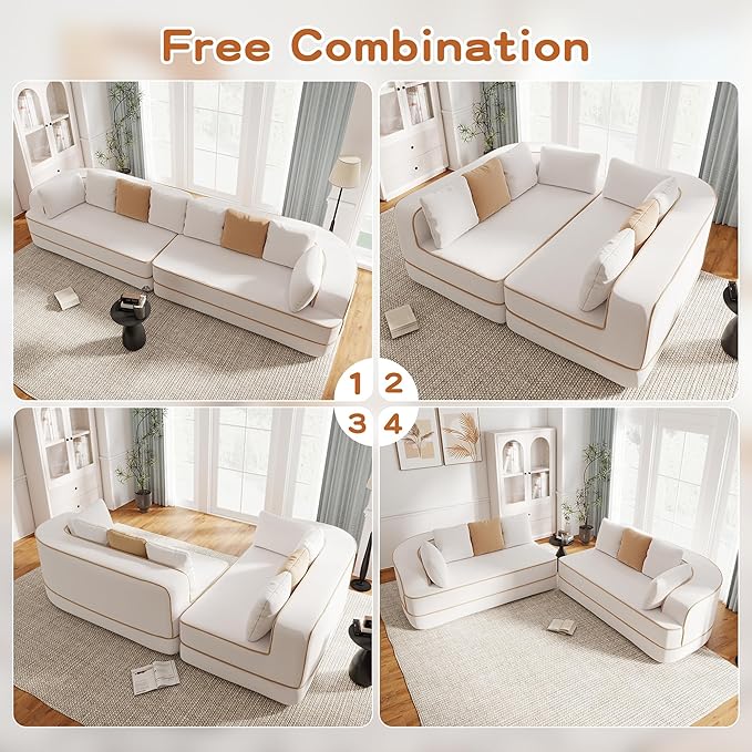 Cloud Sectional Sofa Modern Boneless Couch for Living Room, Comfy Deep Seat Comfy Teddy Fabric Double Sofa Chaise No Assembly Required (White, 135"- 4 Seater)
